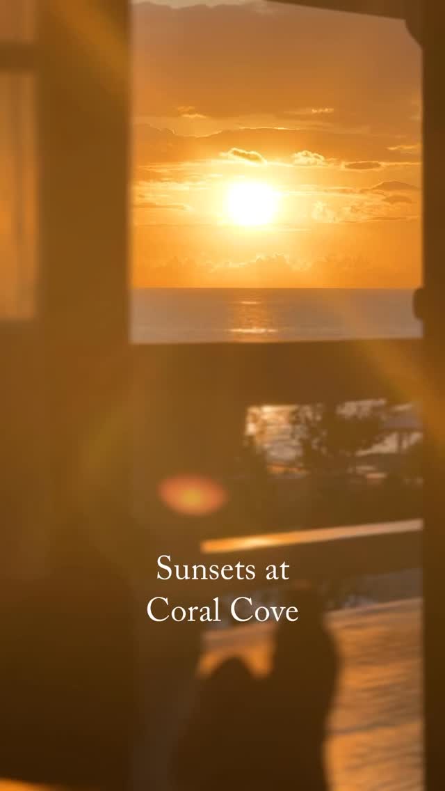 Golden Caribbean sunset at Coral Cove with the words Sunsets at Coral Cove
