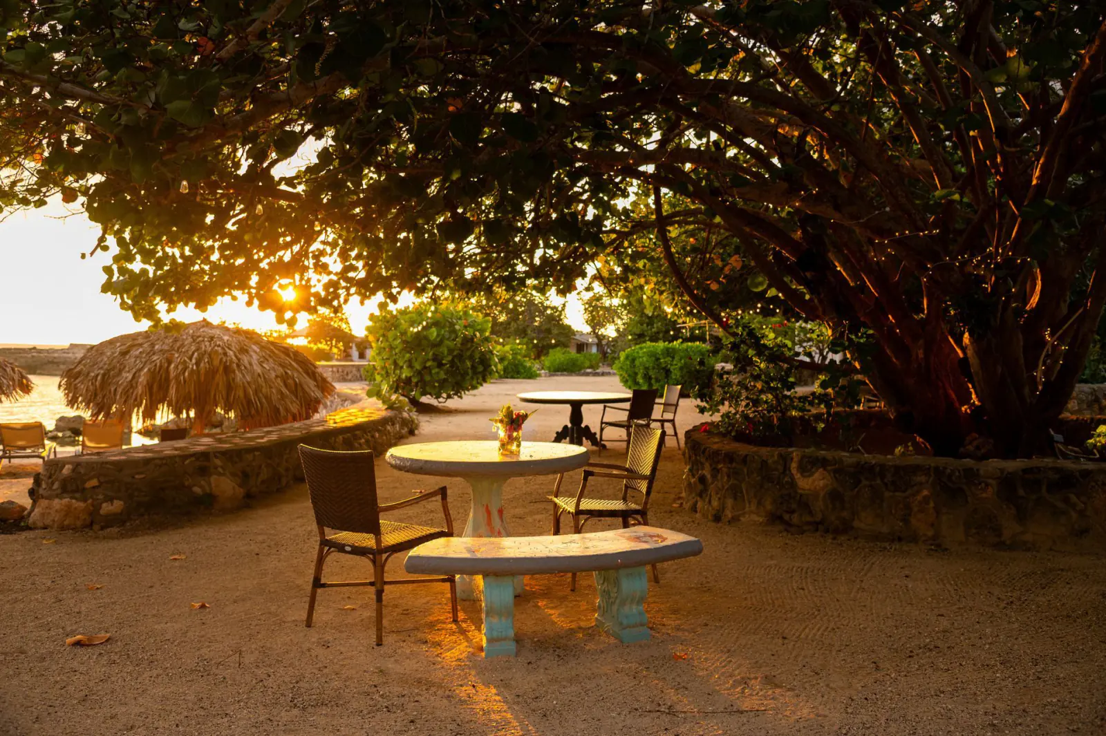 A sunset dining table set beside the Caribbean at Coral Cove