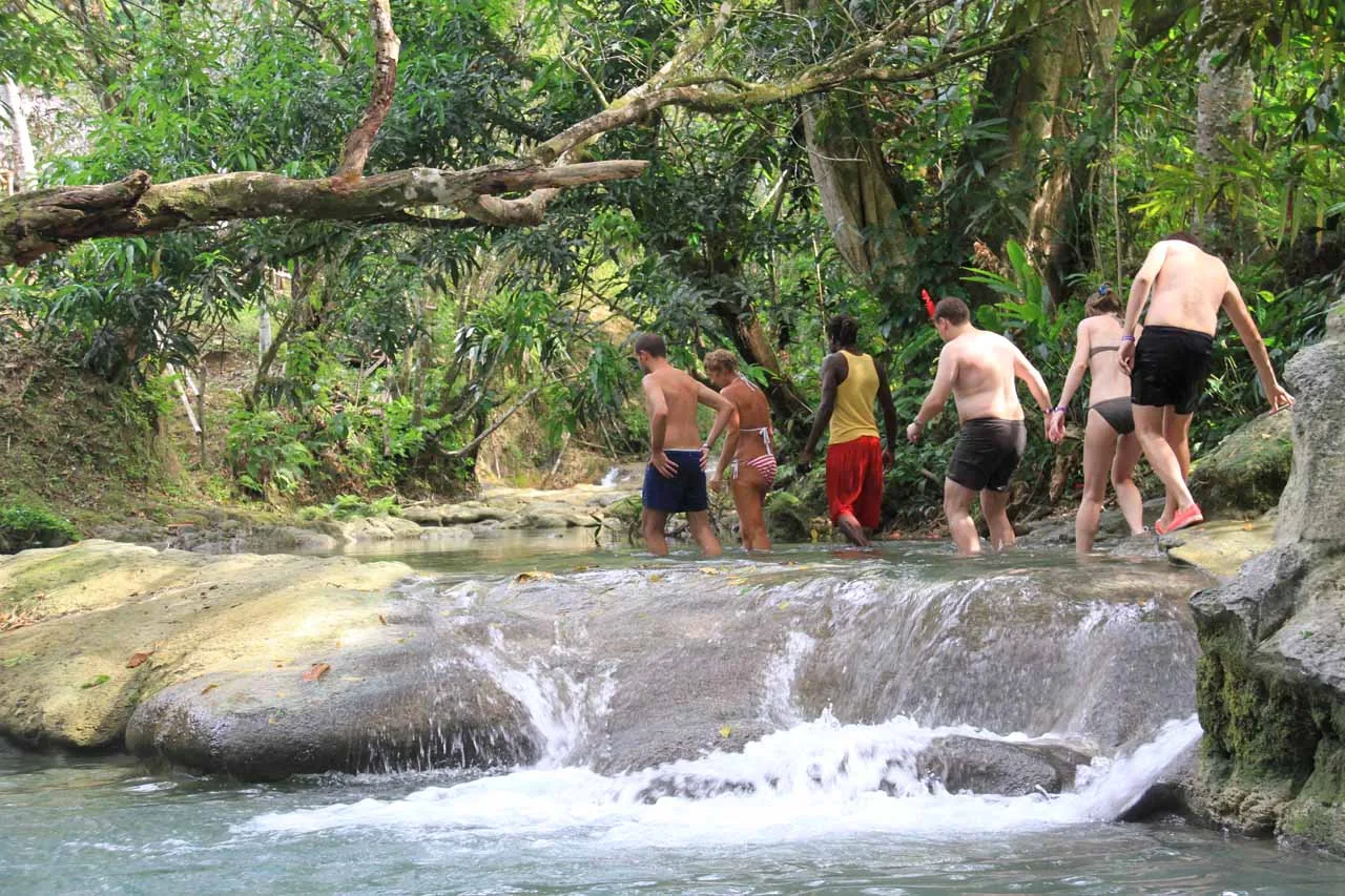 Visitors walking through the shallow river at Mayfield Falls